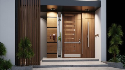 Fototapeta premium Modern wooden entrance door for the natural effect so you always come home warmly. Generative AI Technology 
