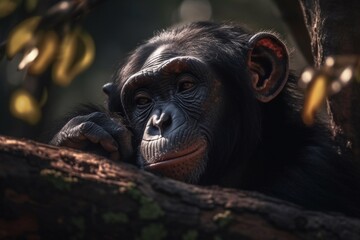 chimpanzee sleeping in the branch of tree