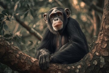 portrait chimpanzee in the forest - obrazy, fototapety, plakaty
