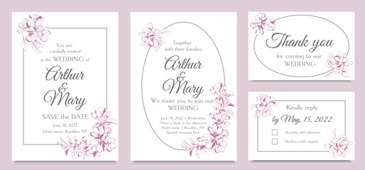 Set of vector wedding invitation templates with apple bloom and pink background