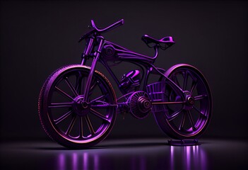 Naklejka na ściany i meble Purple metal bike on a black background. Minimal style. 3d render on the theme of bicycles, shops, outdoor activities, spare parts. Generative AI