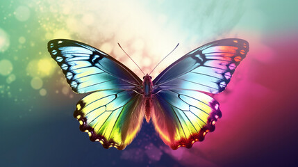 Fototapeta na wymiar Dreamy and surreal image of a butterfly with a rainbow-colored aura surrounding it