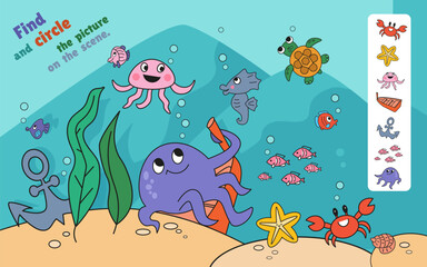 Find and circle objects. Educational puzzle game for children. Sea creature underwater. Cute cartoon characters. Vector illustration. 