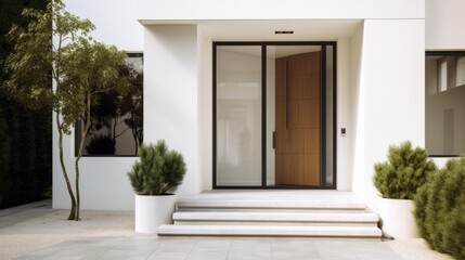 Fototapeta na wymiar White wooden entrance door for a clean and luxurious effect to be the envy of everyone. Generative AI Technology 