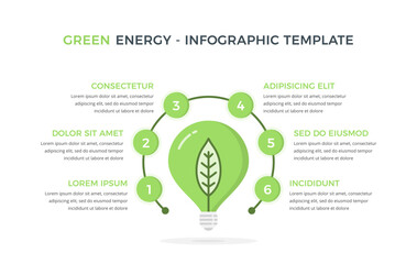 Green energy infographics - diagram with six elements with lightbulb with leaf, vector eps10 illustration