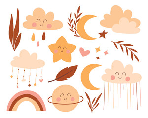 Set of children elements in boho style. Vector illustration. Collection star, rainbow, cloud, planet, leaves.
