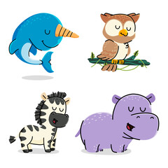 Set of cute cartoon animals vector illustration. Narwhale, Zebra, Hippo, Owl