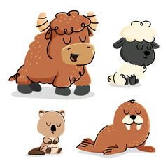 Set of cute cartoon animals vector illustration. Yak, Quokka, Walrus, Sheep