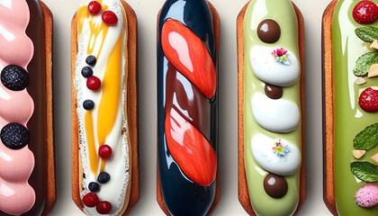 Row of french dessert Eclair with difference topping in the box. AI Generated.