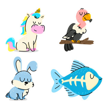Set of cute cartoon animals vector illustration. Unicorn, Rabbit, X-ray fish, Vulture
