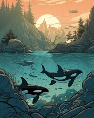 Fototapeta na wymiar Beautiful landscape with killer whales swimming in the sea Generative Ai