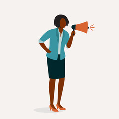 One Black Businesswoman Yelling Into A Megaphone. Full Length. Flat Design Style, Character, Cartoon.