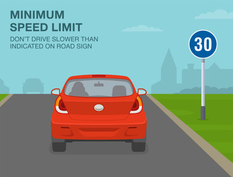 Safe car driving tips and traffic regulation rules. Minimum speed limit sign meaning. Don't drive slower than indicated on sign. Back view of a red car on road. Flat vector illustration template.
