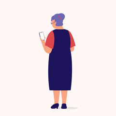 Back View Of A Senior Woman Using Mobile Phone. Smart Phone. Full Length. Flat Design Style, Character, Cartoon.
