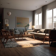 Cozy interior of living room. Sunlight shine in from windows. 3D rendering, Created using generative AI