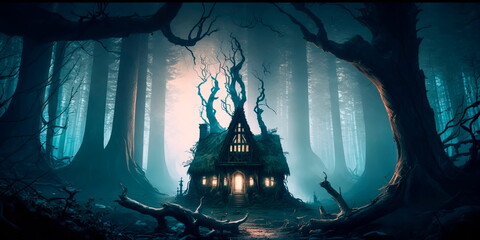 haunted forest with a ghostly apparition or a witch's hut, suggesting the possibility of magic and supernatural powers.Generative AI