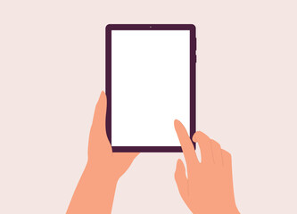 A Person’s Hand Holding Digital Tablet With White Color Blank Screen. Close-Up. Flat Design Style, Character, Cartoon.