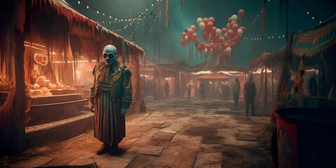 mysterious carnival with eerie clowns and a creepy carousel, evoking a sense of wonder and fear at the same time. Generative AI
