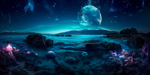 Fototapeta na wymiar surreal seascape with bioluminescent creatures and a moonlit sky Generative AI