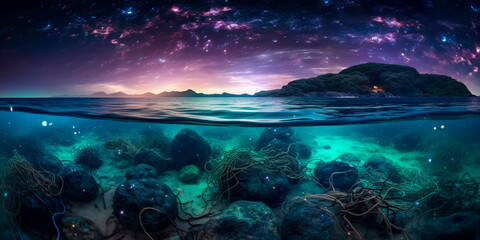 Fototapeta na wymiar surreal seascape with bioluminescent creatures and a moonlit sky Generative AI
