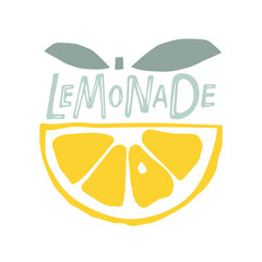 Lemonade logo. Color Abstract Lemon fruit with lettering, hand drawn sketch isolated on white background. Freehand vector illustration. Citrus slice fruit. Vector Illustration. logo for lemonade.