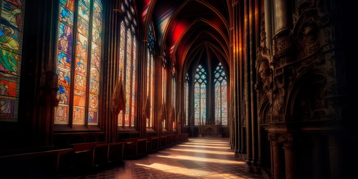 gothic cathedral with stained glass windows and intricate architecture, conveying a sense of grandeur and mystery. enerative AI