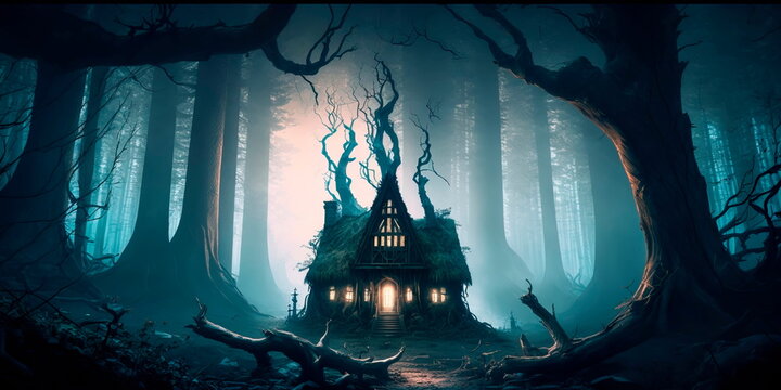 haunted forest with a ghostly apparition or a witch's hut, suggesting the possibility of magic and supernatural powers.Generative AI