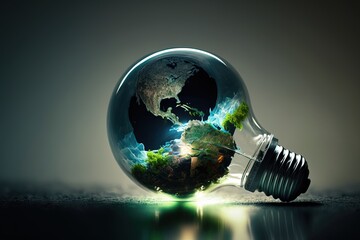 Light bulb with earth globe inside, save energy concept, generative ai