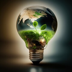 Eco friendly lightbulb from fresh leaves top vie, concept of Renewable Energy and Sustainable Living,  Tree growing, growing nature,  Generative AI 