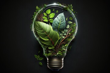 Obraz na płótnie Canvas Eco friendly lightbulb from fresh leaves top vie, concept of Renewable Energy and Sustainable Living, Generative AI 