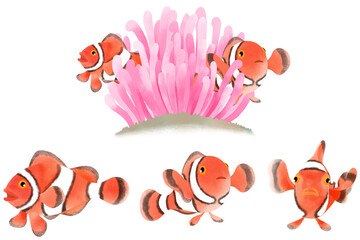カクレクマノミのイラスト素材セット／Illustration material set with a clownfish motif