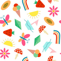 Vector seamless pattern with geometric objects on a summer theme. Children's summer drawing.