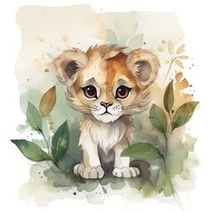 Cute lion sitting on the grass with leaves Generative Ai