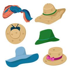 A color set of beach hats. Vector image of summer hats with different textures. The concept of protection from sunlight.