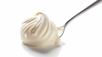 Illustration of a spoon with vanilla ice cream with a traced texture on a white background. Generated by artificial intelligence