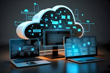 Computers network connected to a cloud server created with generative ai technology