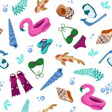 Seamless set of items for summer holidays. Vector image of a beach bathing object. A pattern on a summer theme with bathing.