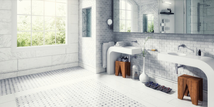 Sanierung eines Altbau-Badezimmers mit moderner Innenausstattung und Dekoration (Teilentwurf) - 3D-Visualisierung