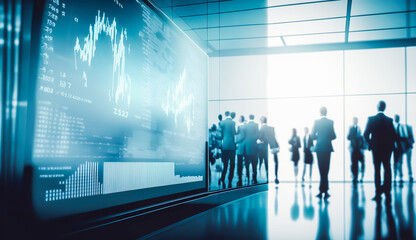 Fototapeta na wymiar Blured business people in stock market white and glass office with big monitor of stock market number running and graph on wall, fast moving, AI generative