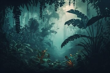 Fototapeta na wymiar Fantasy dark forest with ferns and a water stream.
