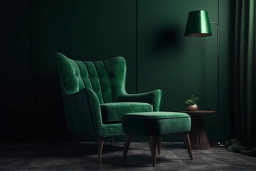 lamp green armchair with footrest in living room on dark green wall background,  Generative AI	
