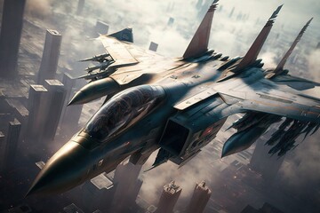 Fighter jet fighter flies over the city - obrazy, fototapety, plakaty