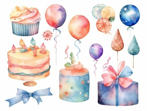 Cake and dessert pie collection. Hand drawn watercolor cake for birthday anniversary, valentine's day and wedding set isolated on white background with design elements. generative ai