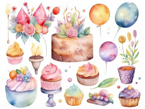 Cake and dessert pie collection. Hand drawn watercolor cake for birthday anniversary, valentine's day and wedding set isolated on white background with design elements. generative ai