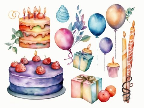Cake and dessert pie collection. Hand drawn watercolor cake for birthday anniversary, valentine's day and wedding set isolated on white background with design elements. generative ai