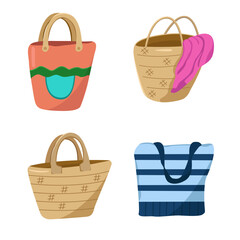 Seamless vector set of beach bags. Color image of summer handbags made of different materials.