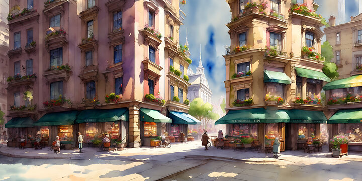 Downtown Square, a public space in the heart of a city with shops and cafes, a watercolor painting generative AI