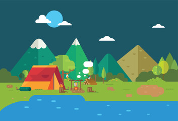 Fototapeta na wymiar Hiking and camping landscape. vector illustration