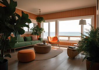 A modern light green plant wood summer beach house with furniture and a relaxation orange interior, Generative AI