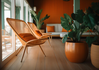 Fototapeta na wymiar A modern light green plant wood summer beach house with furniture and a relaxation orange interior, Generative AI